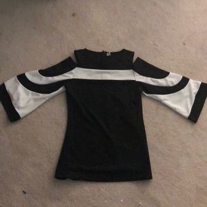 Black and white open shoulder bell sleeve blouse